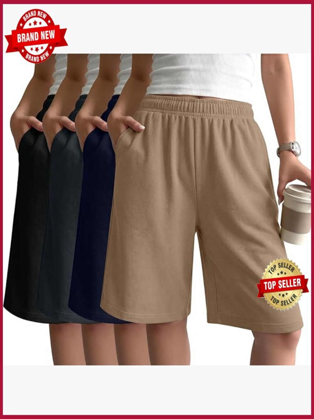 High Waist Bermuda Shorts with Pockets Pack of 4 Tummy Control Knee Length